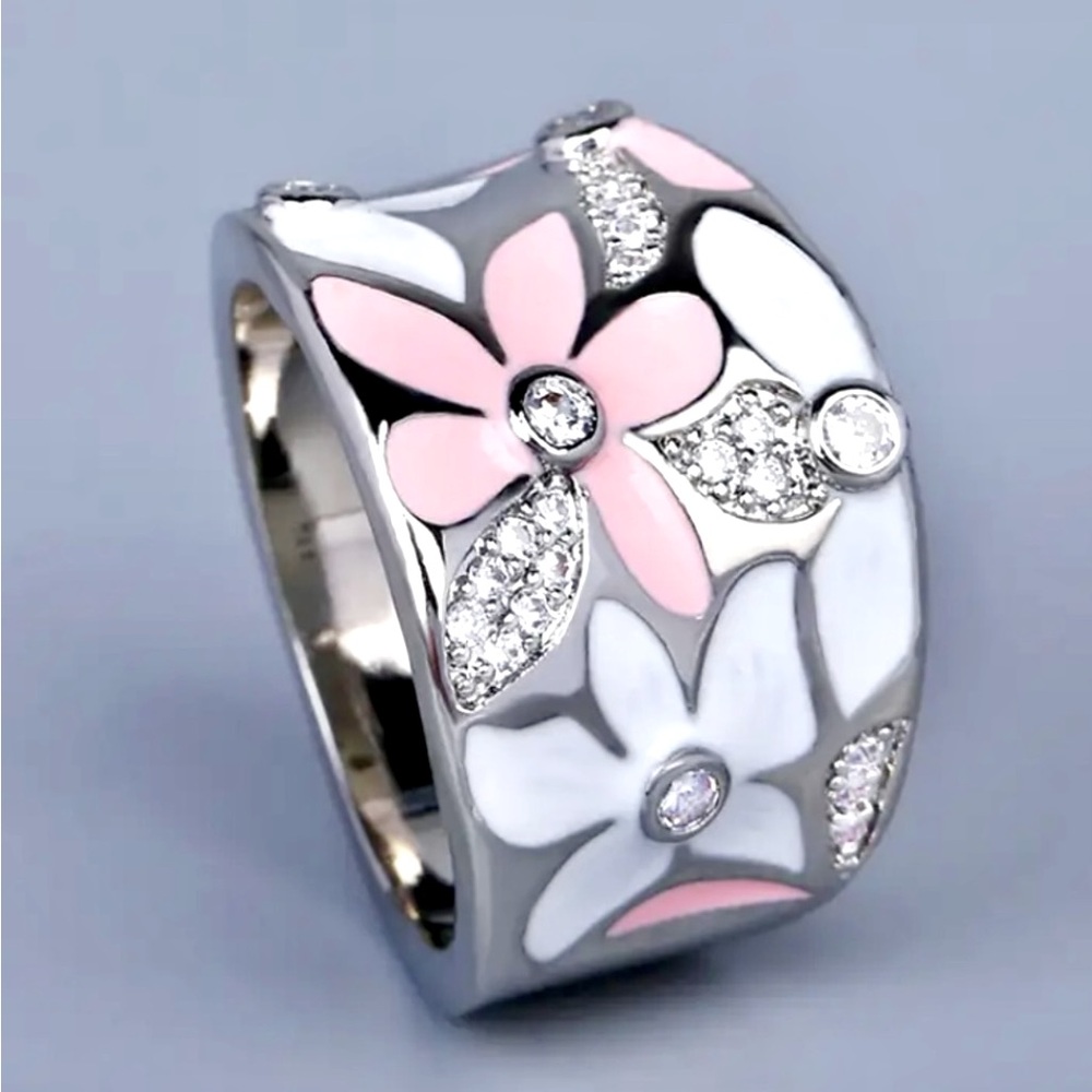 Pink White Enamel CZ Flowers Wide Silver Band Ring
